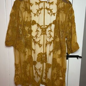 Sheer Embroidered Kimono Cardigan - Mustard Gold